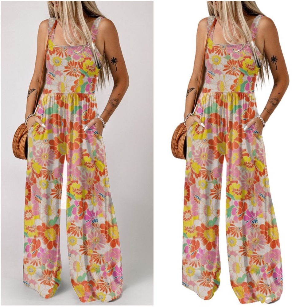 032 Boho Floral print smocked Pocket Wide leg Jumpsuit